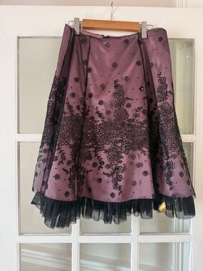 Y2K Adrianna Papell Evening Essentials Purple Skirt with Black Lace Overlay